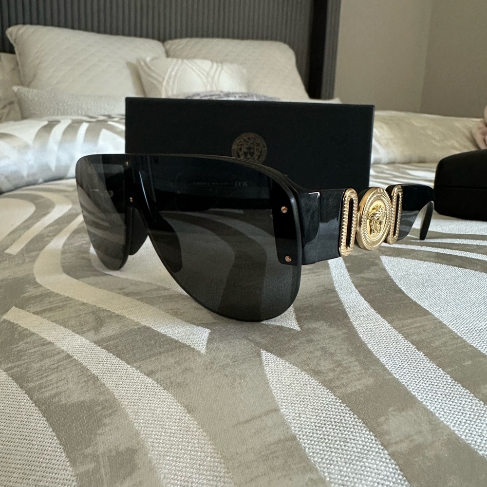 Versace Black Sunglasses with Gold Medallion Accent